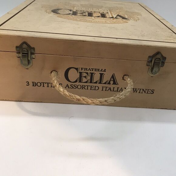Vintage Cella Fratelli Wooden Wine Bottle Carrier Box Rope Handle Bronze Clasps - Picture 8 of 12